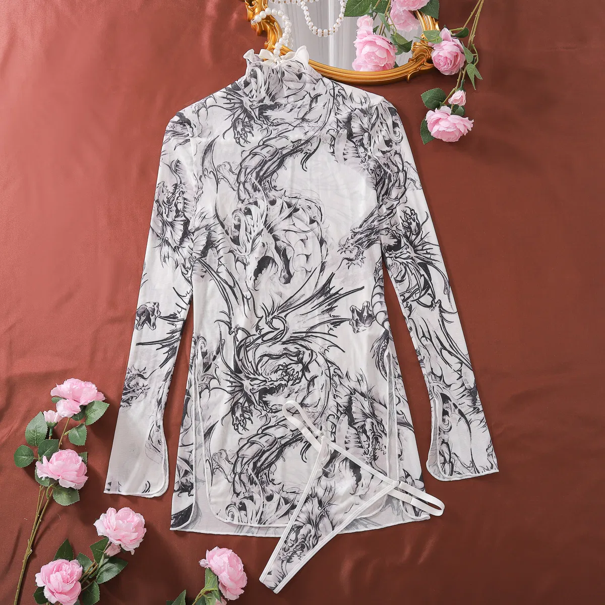 Sexy High Neck Long Sleeve Tie-Dye Mesh Underwear Set Wholesale Women's Dress Lingerie
