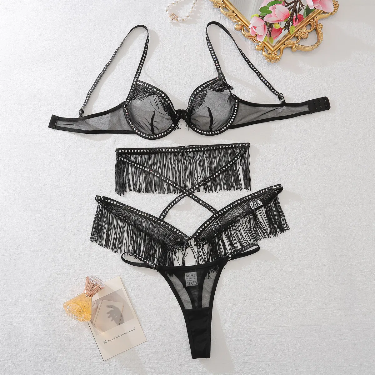 New Arrival Exotic Black Tassel Woman Bra Panty Set Sexy Perspective Mesh Lingerie