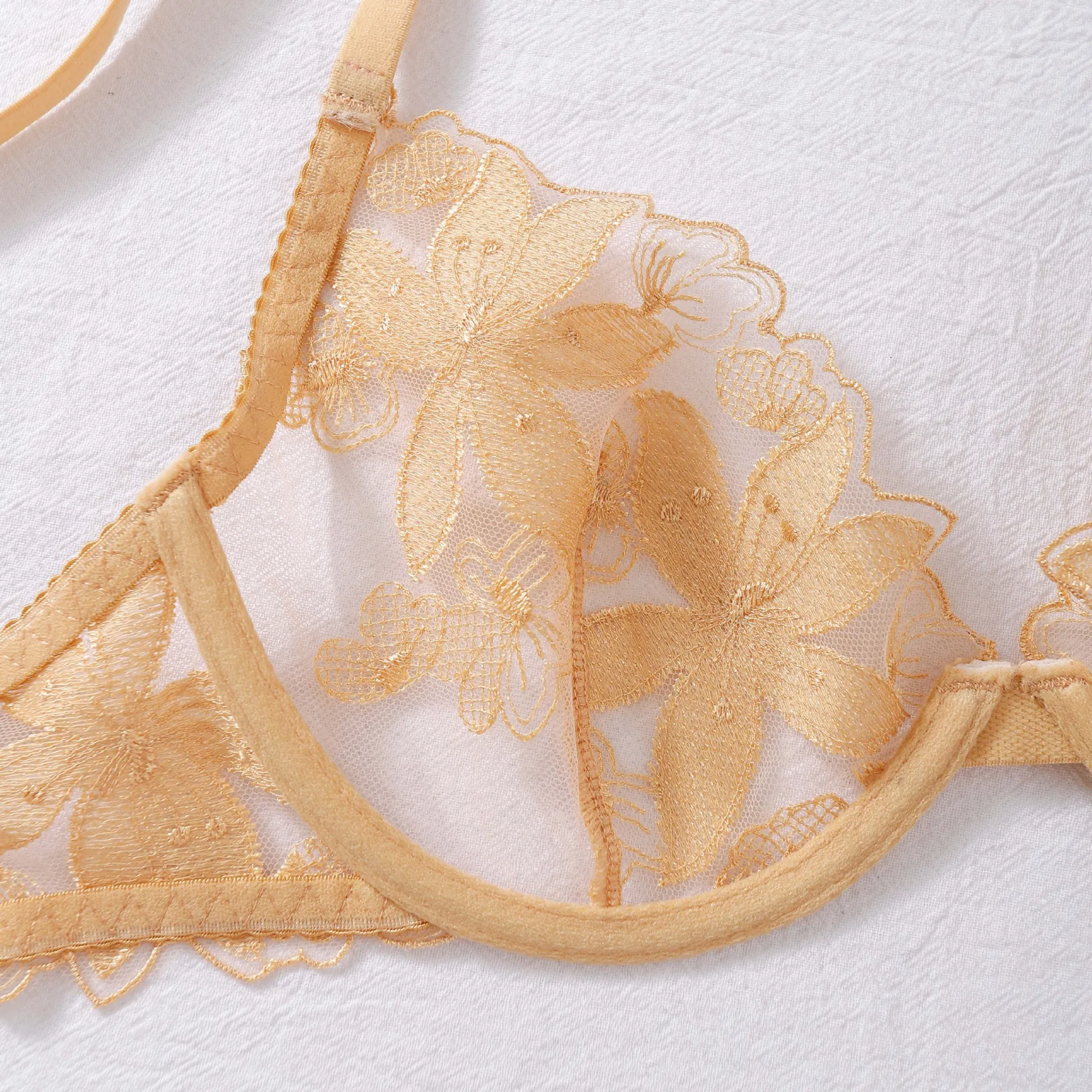 New Style Gold Flower Embroidery Bra Set Sexy See-Through Woman Lingerie