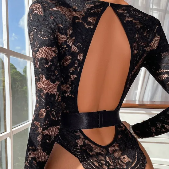 New Arrival Halter Neck Long Sleeve Lingerie Set Sexy See-Through Woman Bodysuit