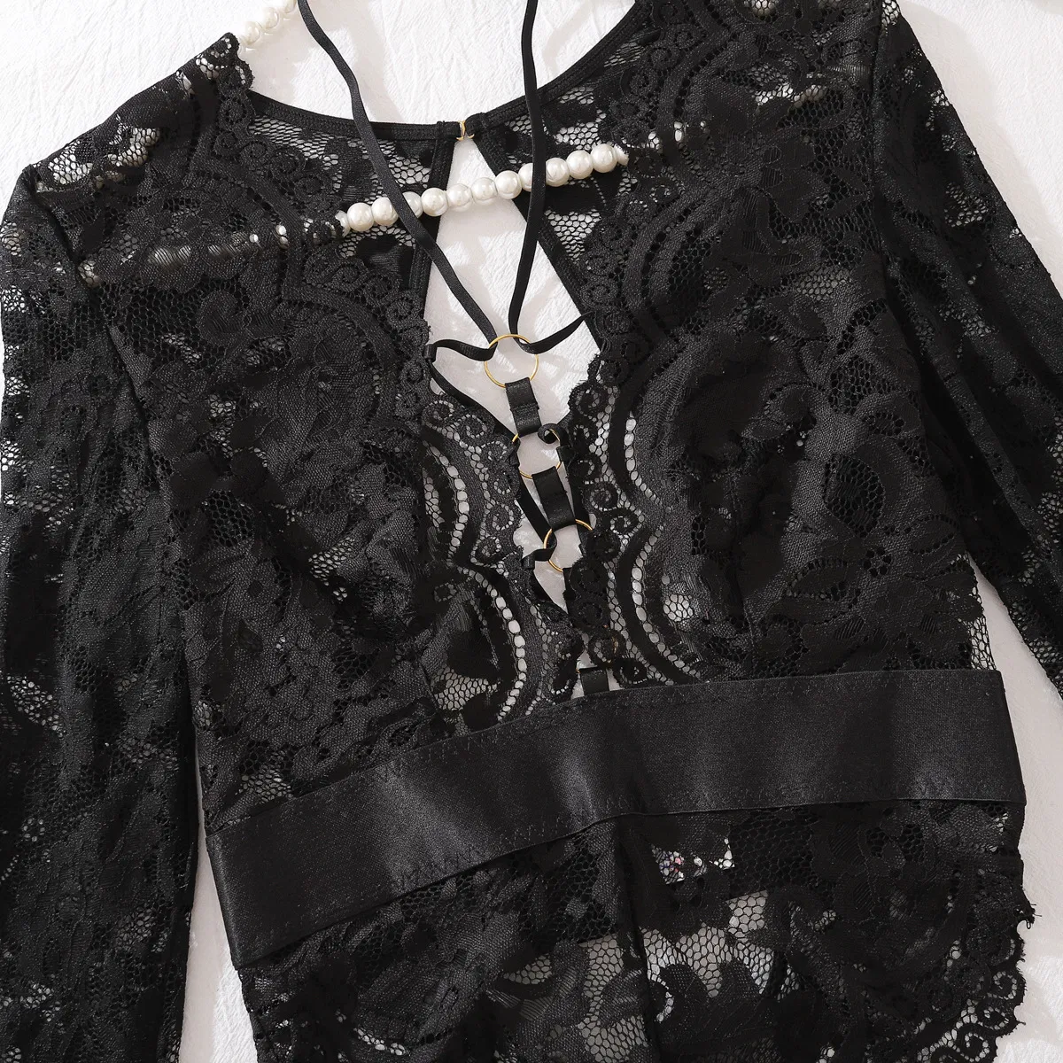 New Arrival Halter Neck Long Sleeve Lingerie Set Sexy See-Through Woman Bodysuit