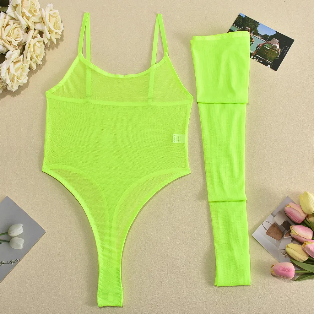 New Ultral-Thin Solid Color Lingerie Sexy See-Through Mesh Woman's One Piece Bodysuit