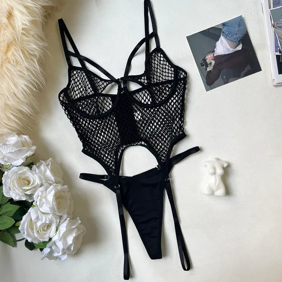 New Design See Through Fishing Net Lingerie Set Sexy One-Piece Hollow out Bodysuit