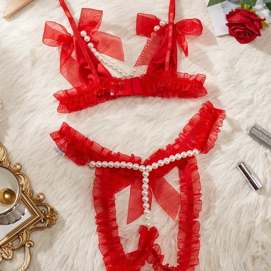 Wholesale Pearl Crotchless Hollow out Bra Panty Sets Sexy Ruffled Women Lingerie