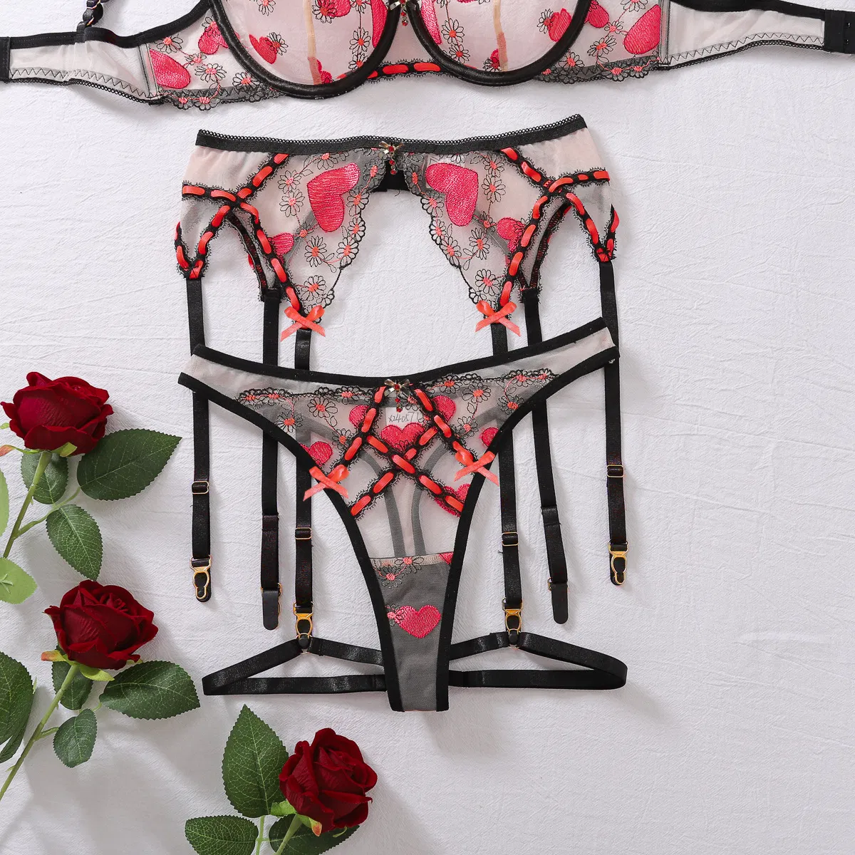 Wholesale See-Through Mesh Underwear Set Sexy Embroidery Pink Heart Lingerie