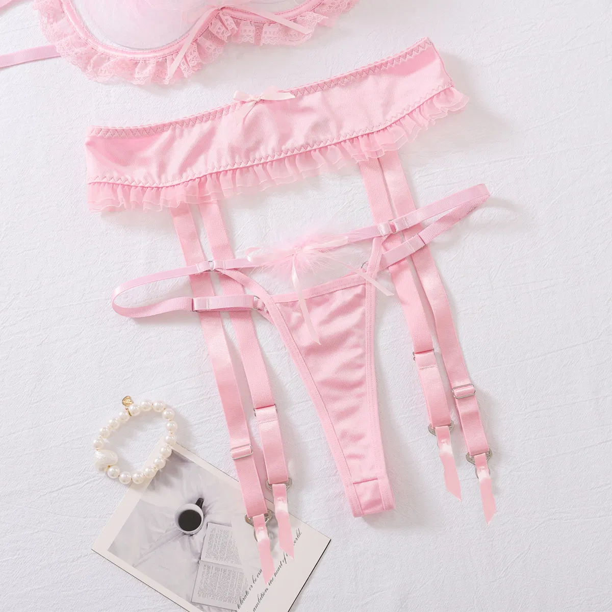 New Arrival See-Through Mesh Ruffle Bra Panty Set Wholesale Sexy Hollow out Lingerie