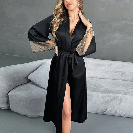 Sexy Satin Transparent Lace Woman Sleepwear Wholesale Long Sleeved Nightwear