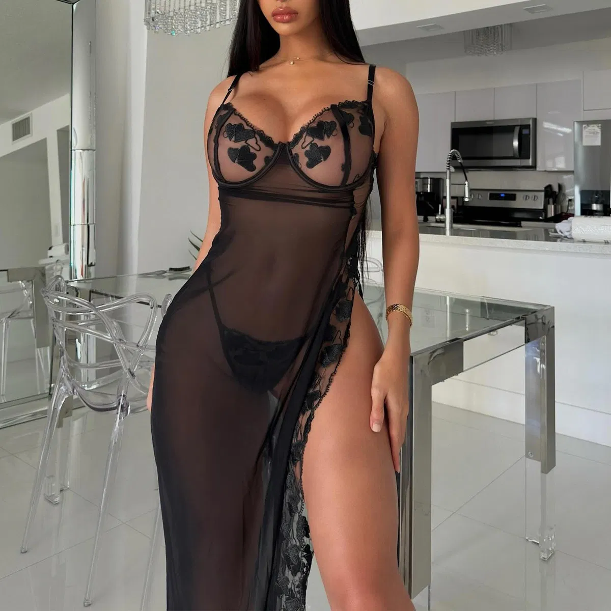 Sexy Embroidery See-Through Mesh Bra Panty Sets New Erotic Long Dress Woman Lingerie
