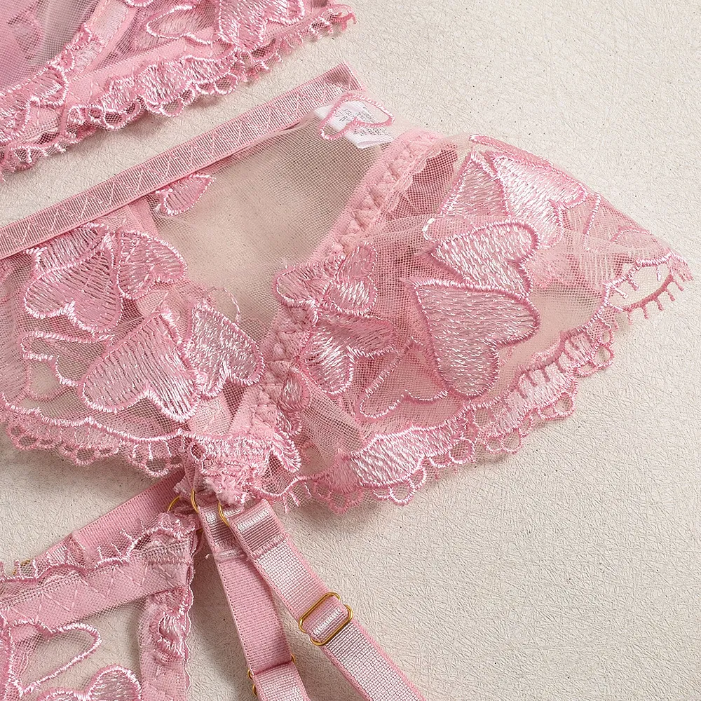 Wholesale Pink Heart Lace Embroidery Underwear Set for Woman Sexy See-Through Lingerie