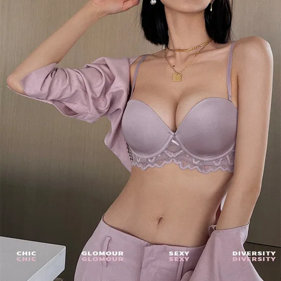 French Ladies Smooth U-Shaped Lace Trim Sexy Breathable Gathering for Women Soft Bra Ultra-Thin Set Sexy Underwear Lingerie