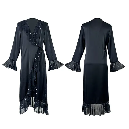 Wholesale Satin V-Neck Long-Sleeved Sleepwear Sexy Ruffled Hem Woman Robe