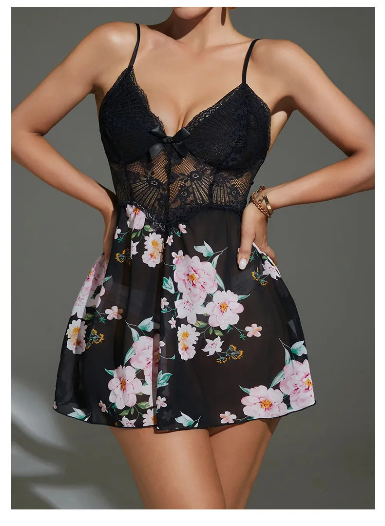 Sexy V-Neck Woman Sleepwear Dress Wholesale Flower Print Ultral-Thin Woman Nightwear