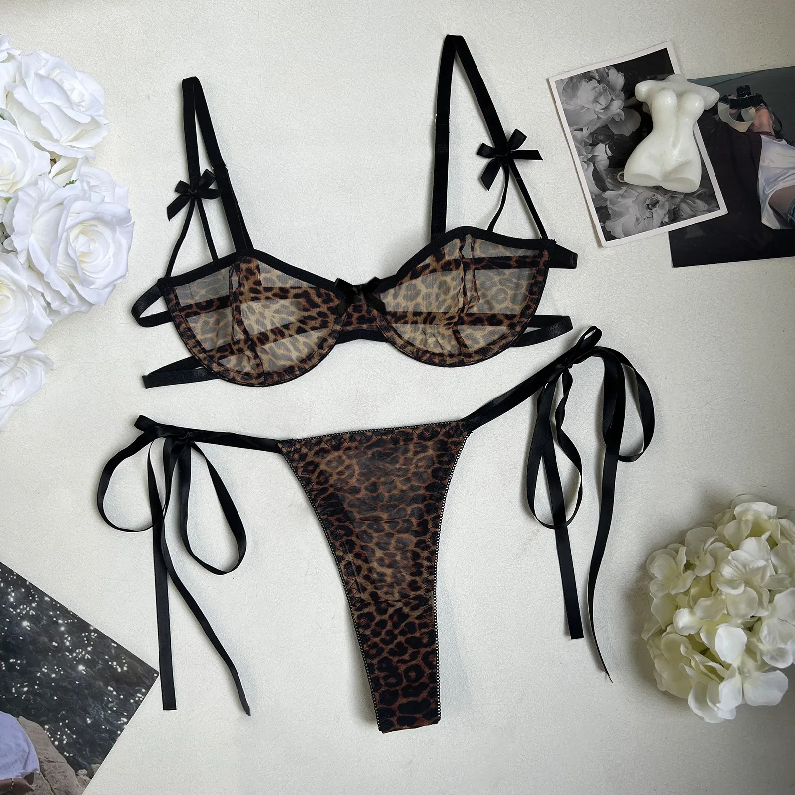 Wholesale Leopard Print Bow Ultra Thin Mesh Bra Set Sexy See-Through Woman Lingerie