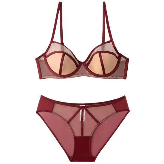 French Anti-Sagging Color-Blocking Mesh Sexy Breathable Gathering for Women Soft Bra Ultra-Thin Set Sexy Underwear Lingerie