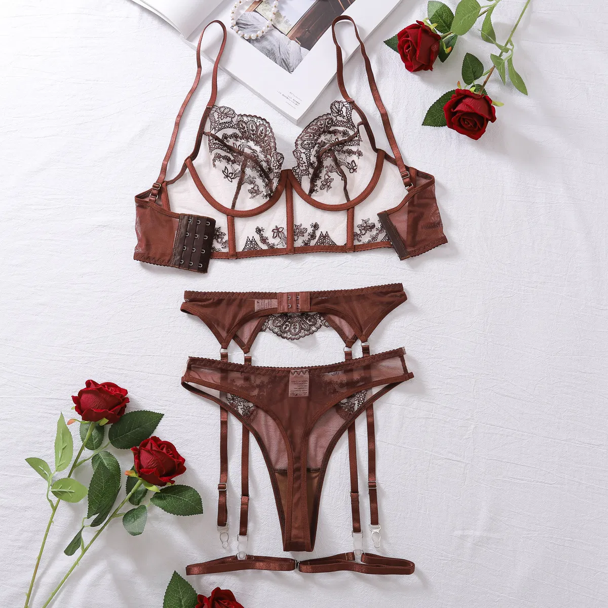 Sexy Fishbone Embroidered Lace Bra Panty Sets New Fashion See-Through Mesh Lingerie