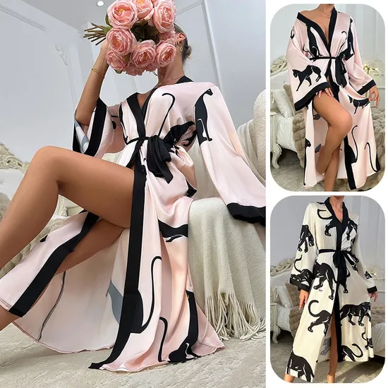New Arrival Satin Printed Leopard V-Neck Sleepwear Sexy Long Sleeve Woman Robe