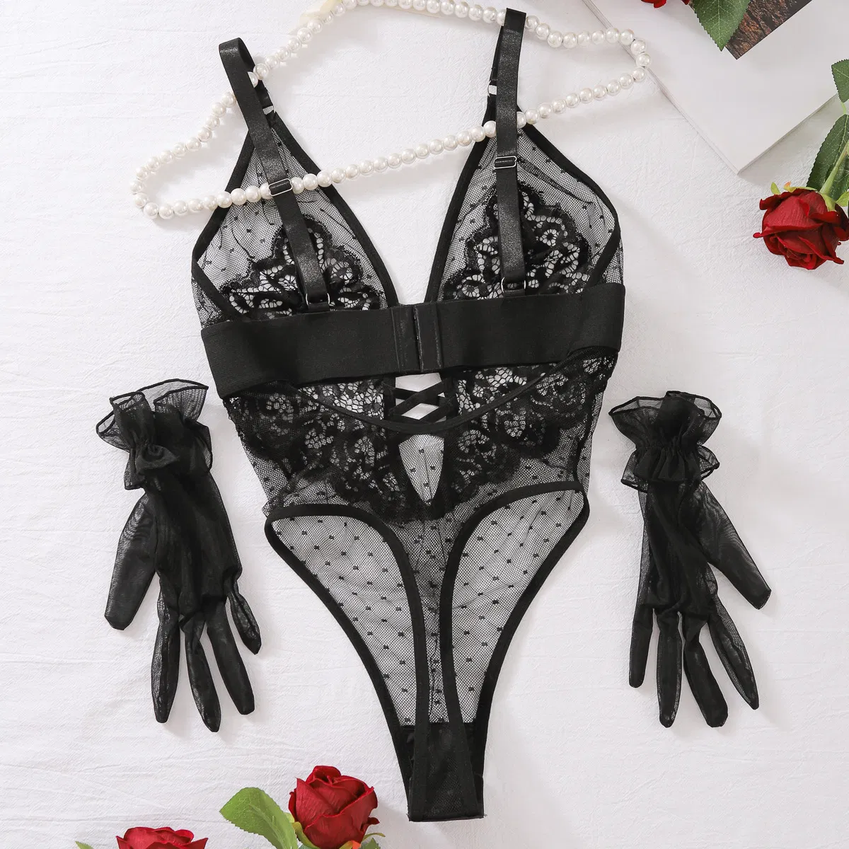 Sexy See Through Embroidered Lace Woman Lingerie Set Hot Deep-V One-Piece Bodysuit