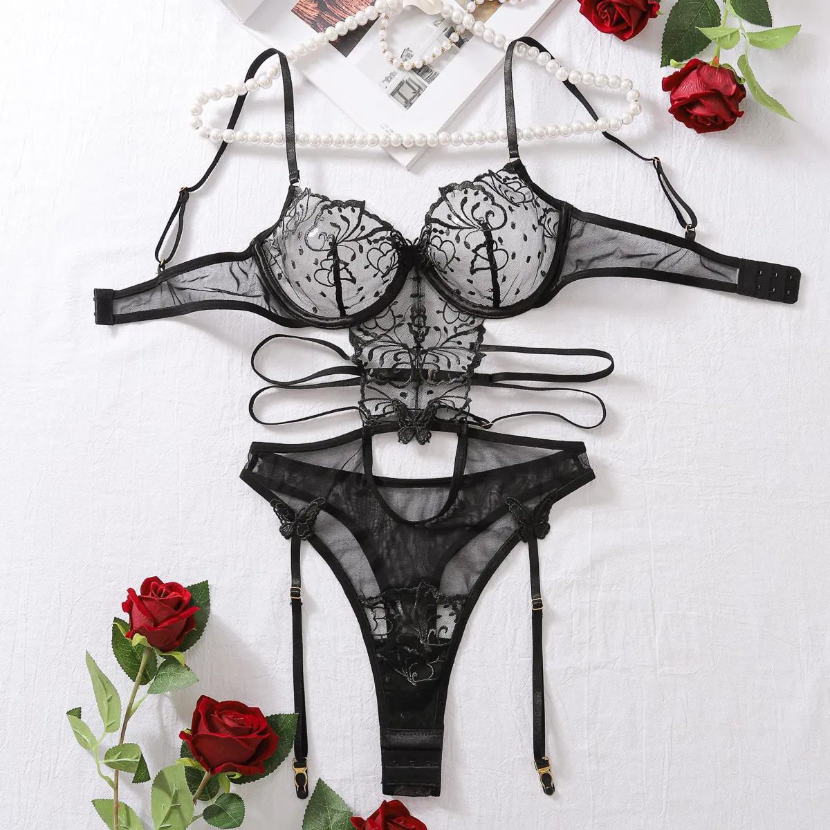 Sexy Embroidery Hollow out One-Piece Lingerie Set Wholesale Perspective Woman Bodysuit