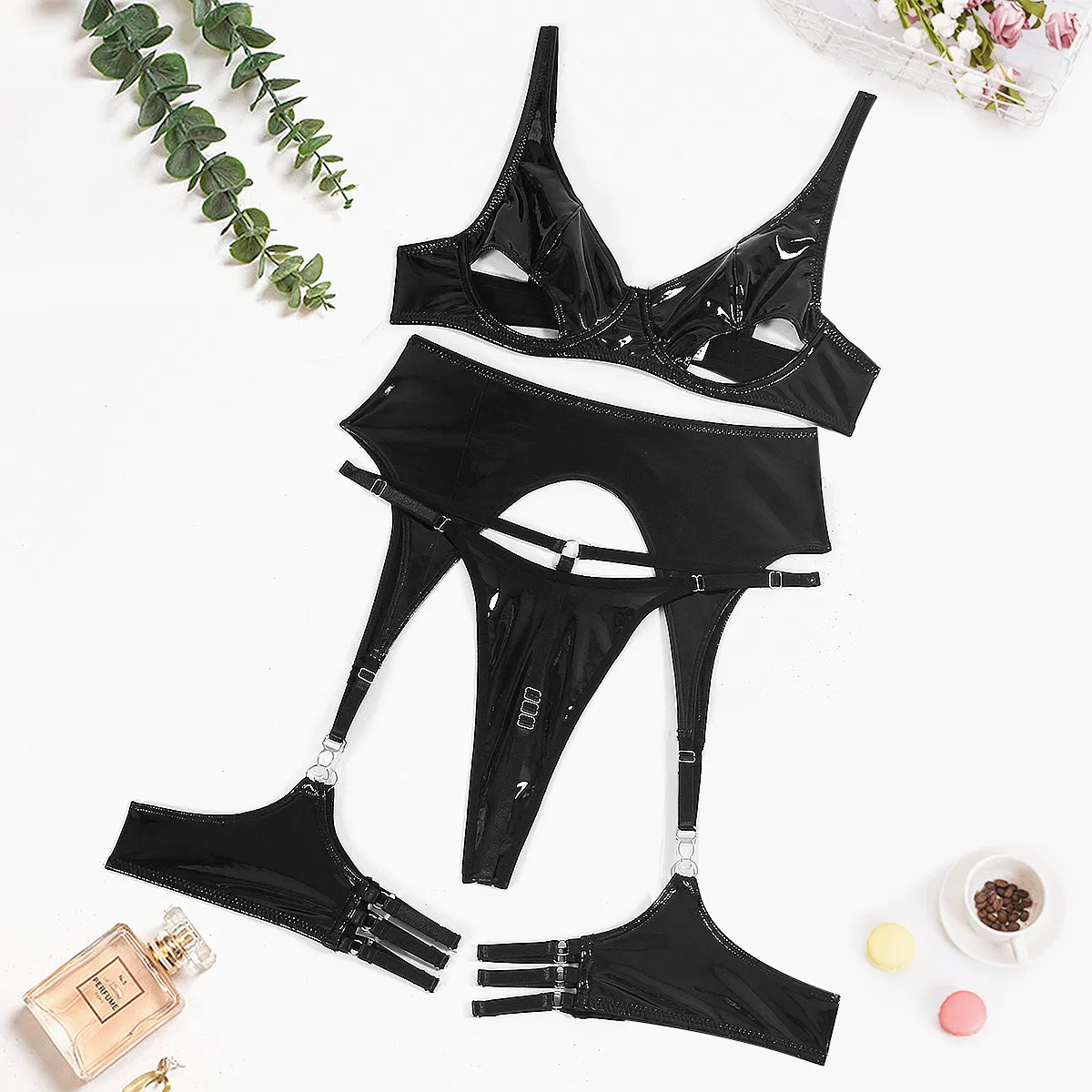 Sexy Exotic Hollow out PU Woman Bra with Belt Waist Hot Selling Solid Color Lingerie