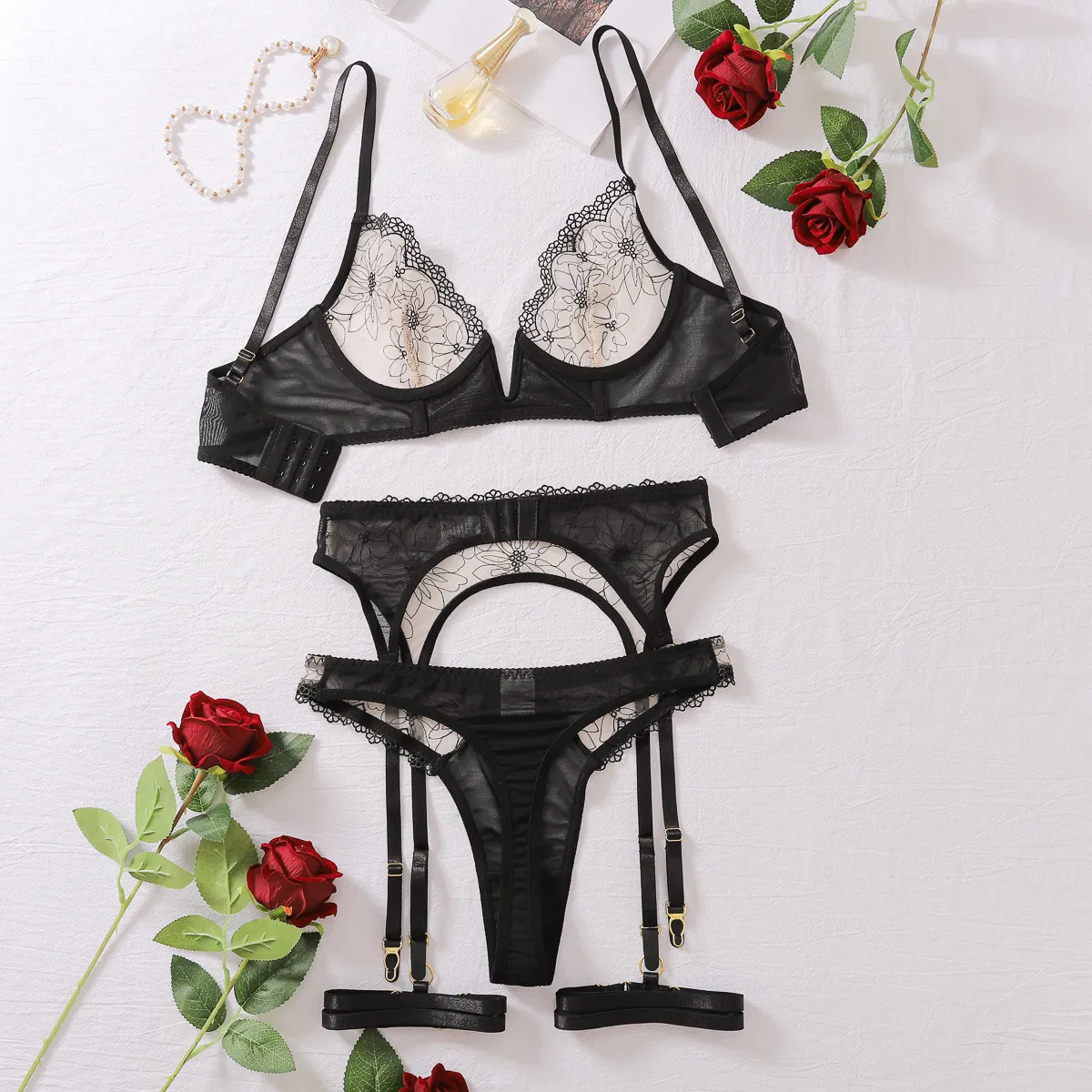 Sexy See-Through Mesh Bra Panty Set New Wholesale Deep V Women Lingerie