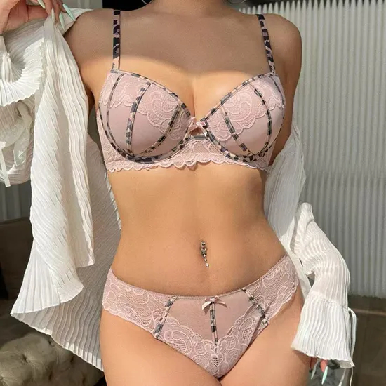 2025 New Breathable Thin Leopard Print Contrasting Color Lace Trim Gathering for Women Soft Bra Set Sexy Underwear Lingerie