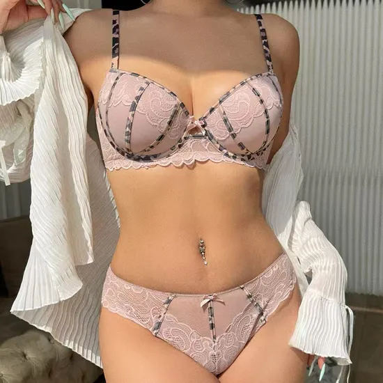 2025 New Breathable Thin Leopard Print Contrasting Color Lace Trim Gathering for Women Soft Bra Set Sexy Underwear Lingerie