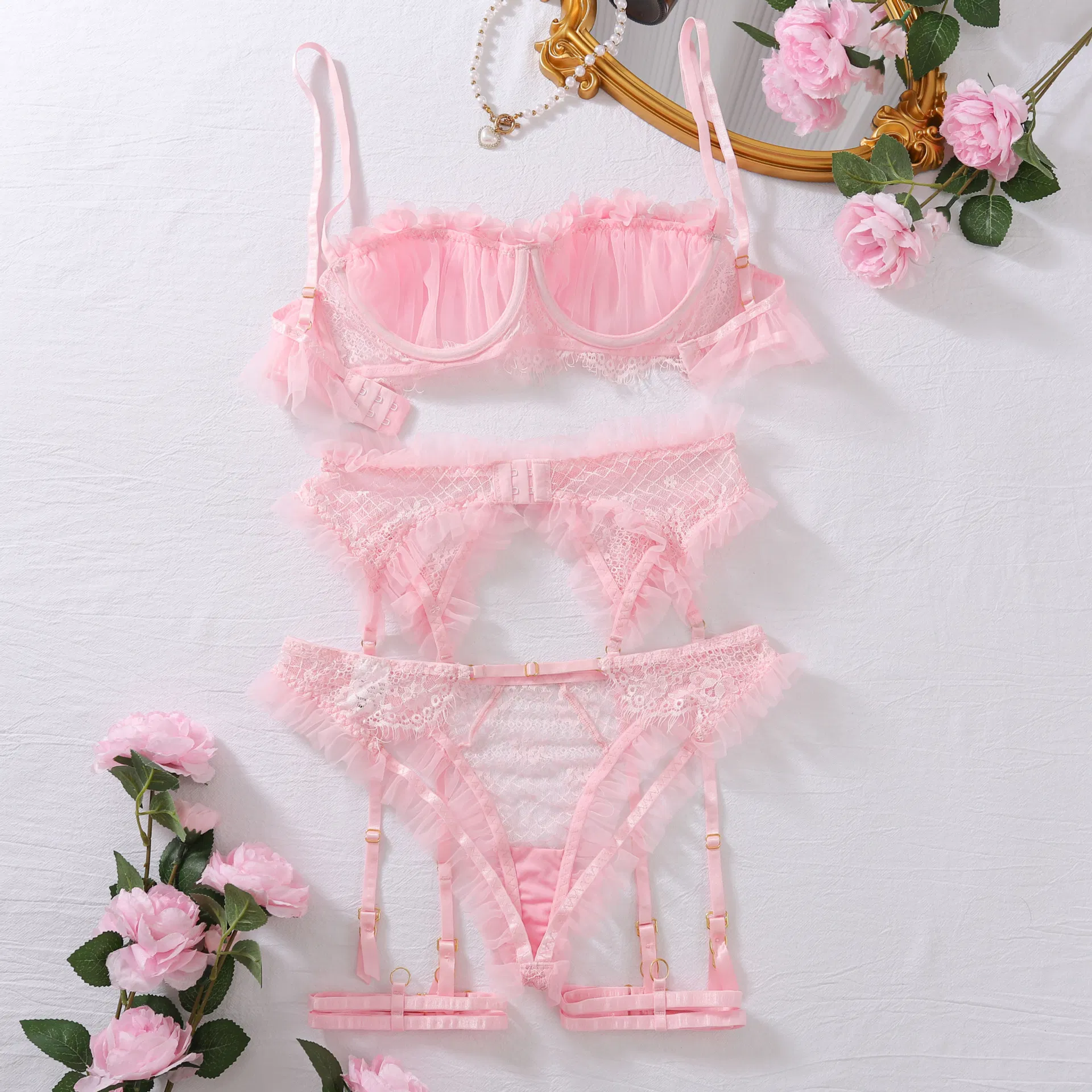 Sexy Hollow out Sheer Mesh Newest Underwear Set New Arrival Ruffle Woman Lingerie