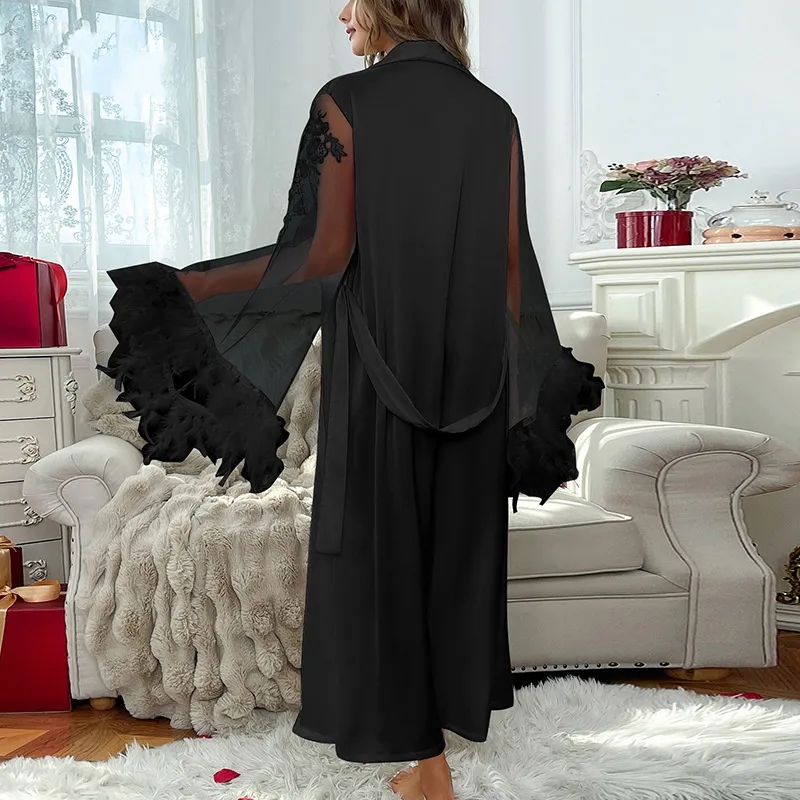 Sexy Satin Loose Long Sleeve Bathrobe Wholesale V-Neck Transparent Mesh Women's Robe