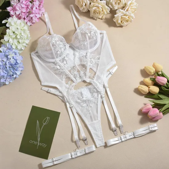 Sexy Solid Color Transparent Mesh Underwear Set for Woman Wholesale Embroidery Lace Lingerie