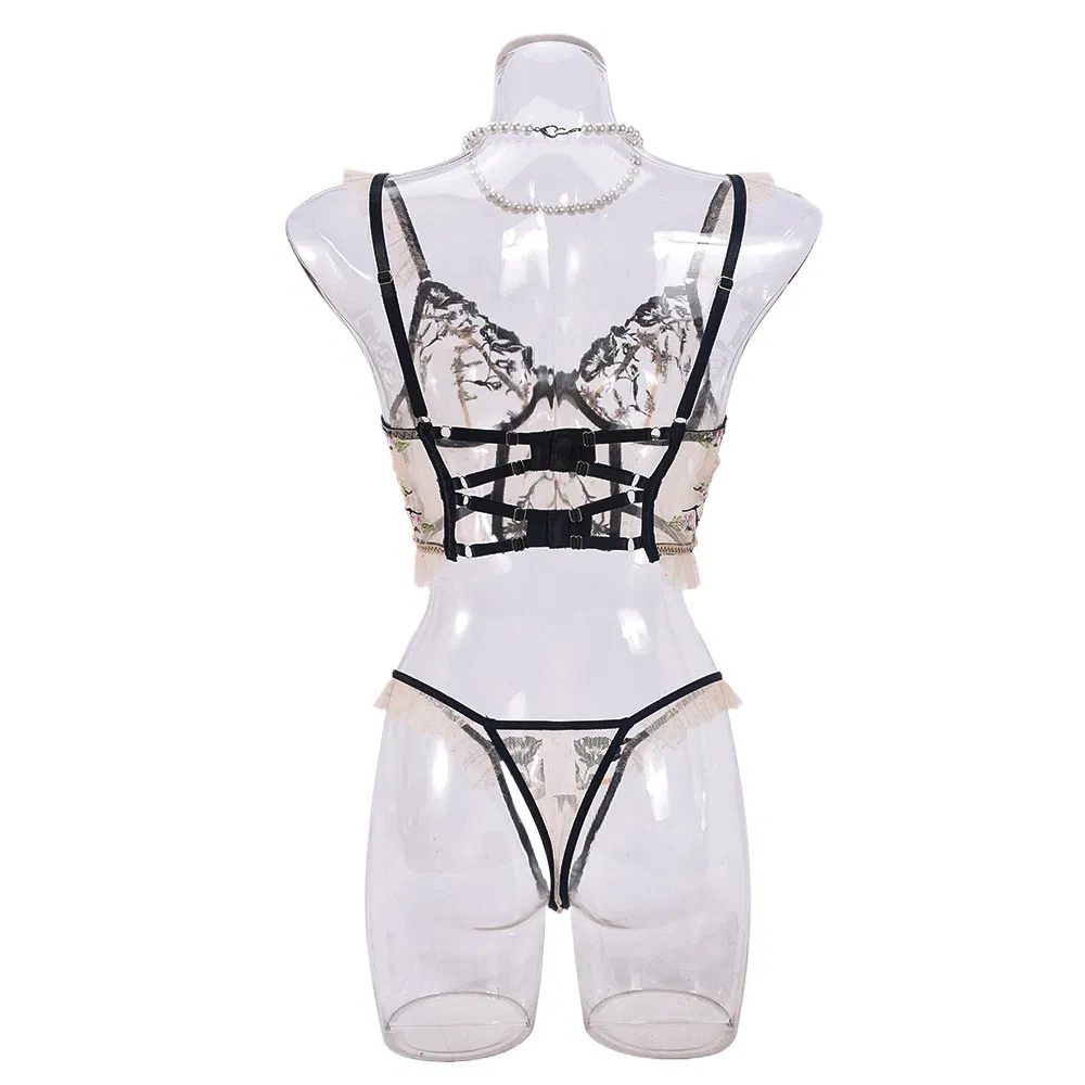 Wholesale Erotic Ruffle See-Through Mesh Underwear Set Sexy Fishbone 2 Piece Lingerie