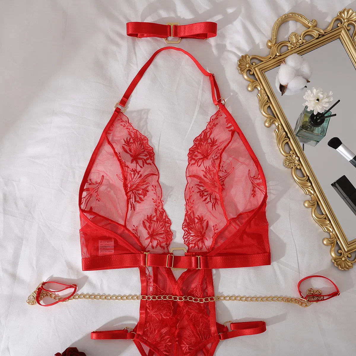 Hot Selling See Through Chain Neck Woman Lingerie Set Sexy Deep-V Chain Neck Bodysuit