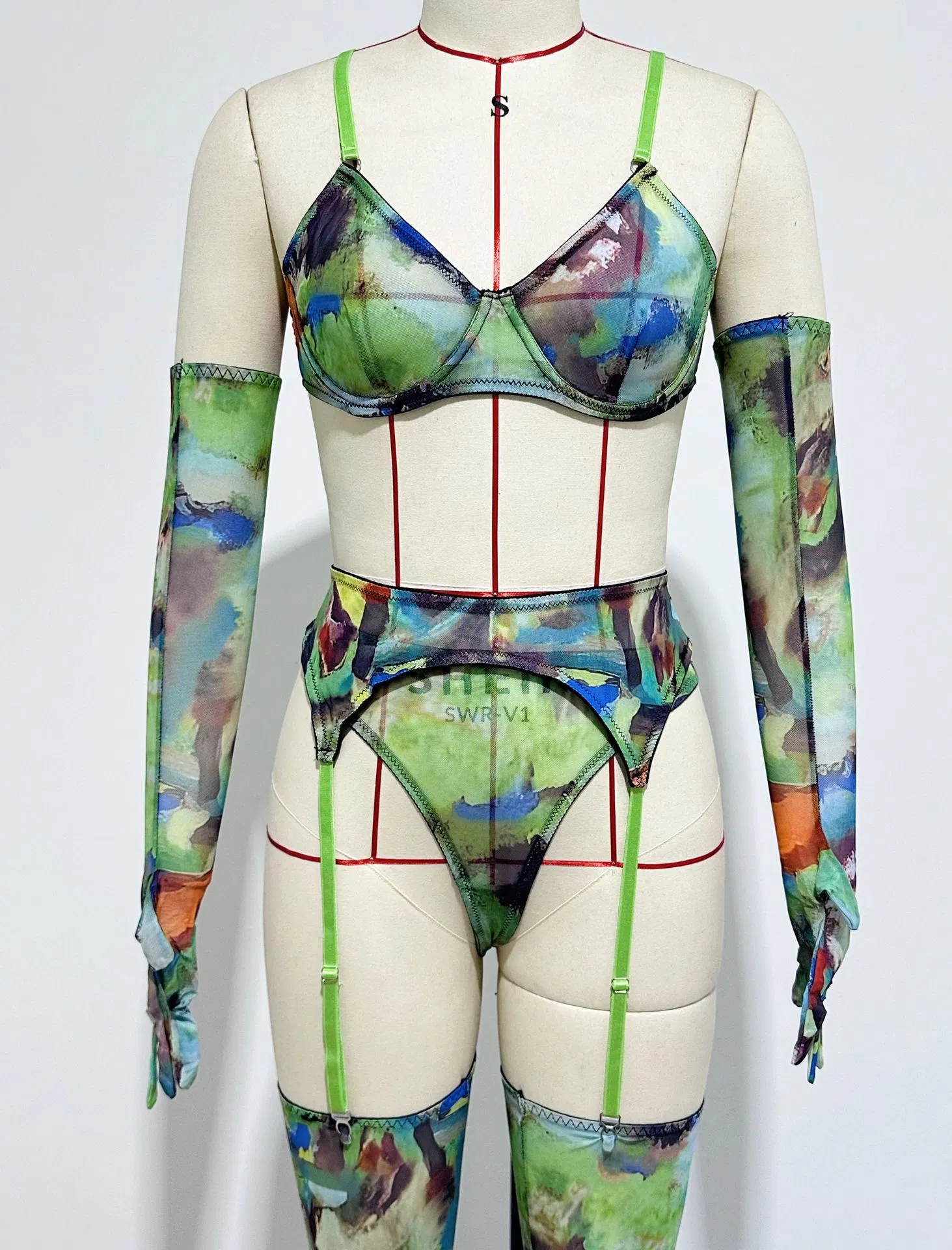 Wholesale Long Sleeve Underwear Set with Glove and Stocking Sexy Tie Dye Woman Lingerie