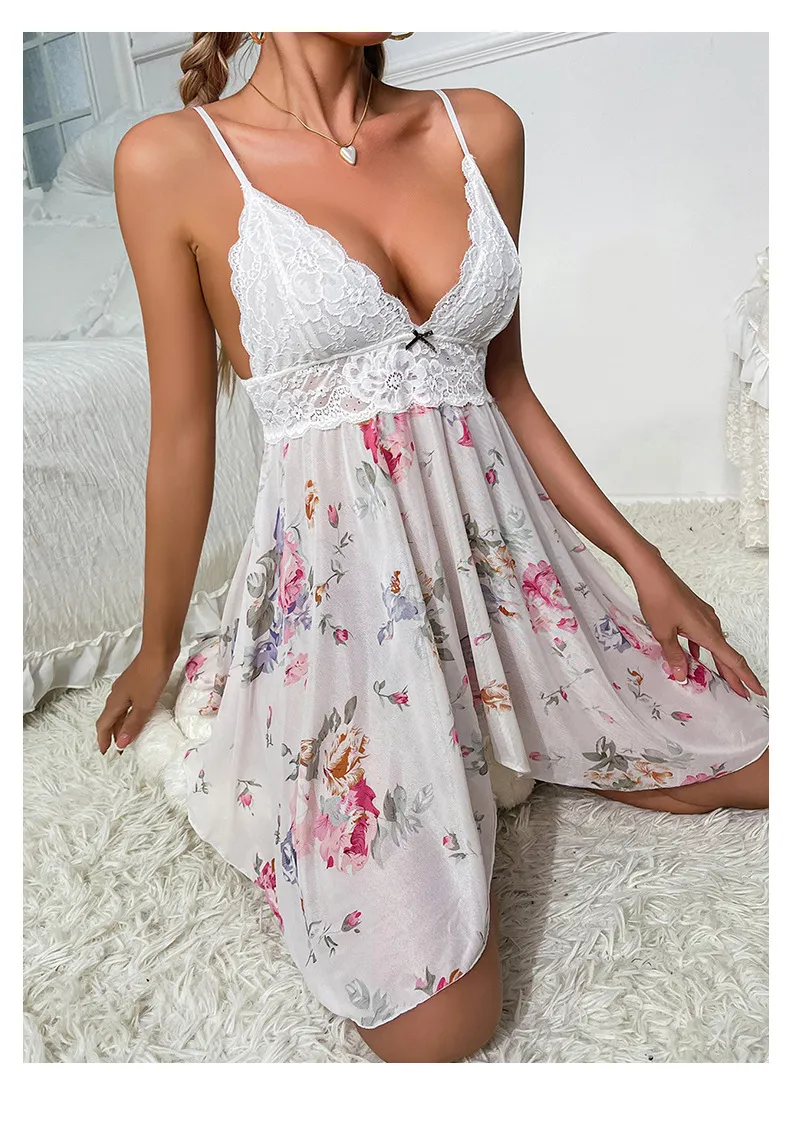 New Arrival V-Neck Transparent Mesh Sleepwear Dress Sexy Patchwork Lace Suspender Nightwear