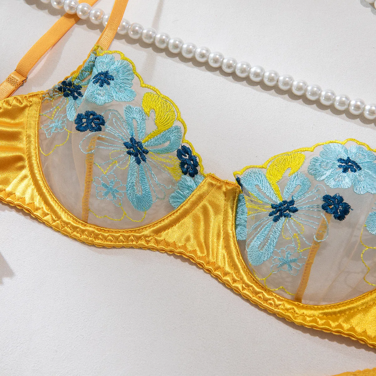 Sexy Satin Stitching See Through Underwear Set Wholesale Embroidery Color Contrast Lingerie