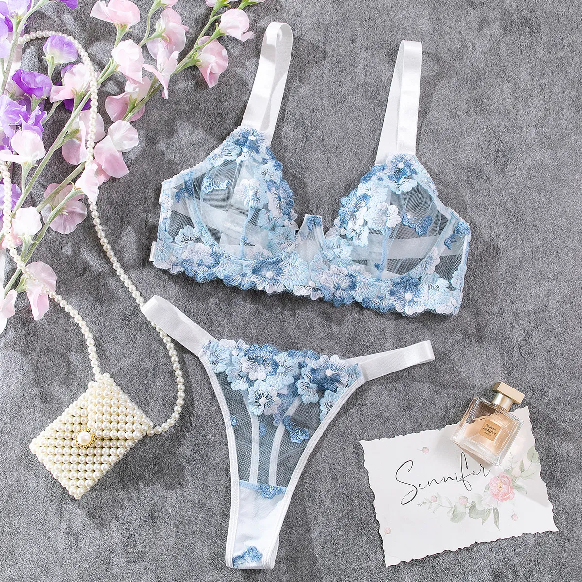 Wholesale Flower Embroidered Bra Set Sexy Perspective Thin Woman Lingerie