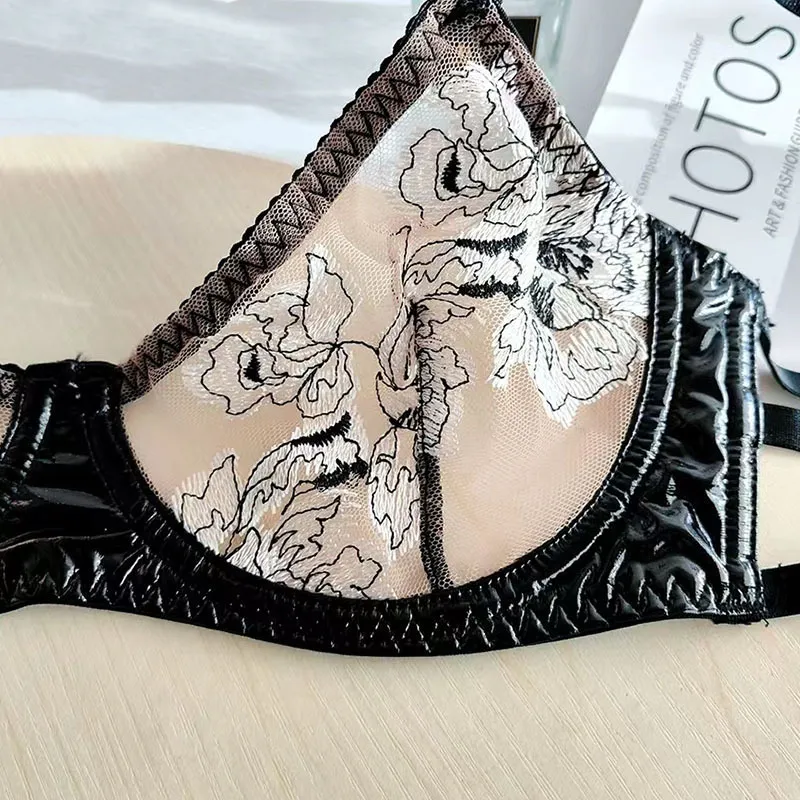 Erotic See-Through Embroidered Lace Leather Bra and Thong Set Women's Sexy Lingerie