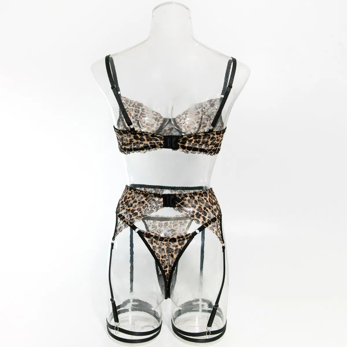 Wholesale Leopard Printed See-Through Mesh Underwear Set Sexy V Neck Lingerie Set