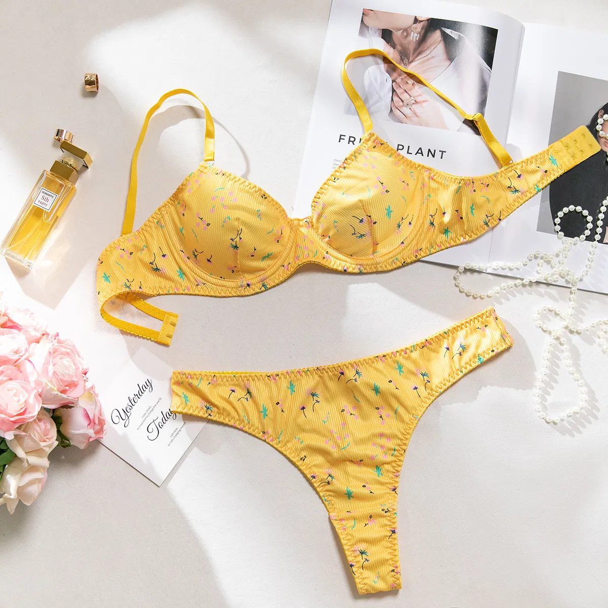 Sexy Flower Print Women's Underwear Set for Summer Wholesale Erotic 2PCS Lingerie