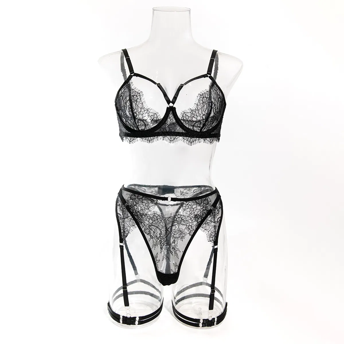 Sexy Eyelash Lace Hollow-out Woman Underwear Set Hot Selling Erotic Transparent Lingerie