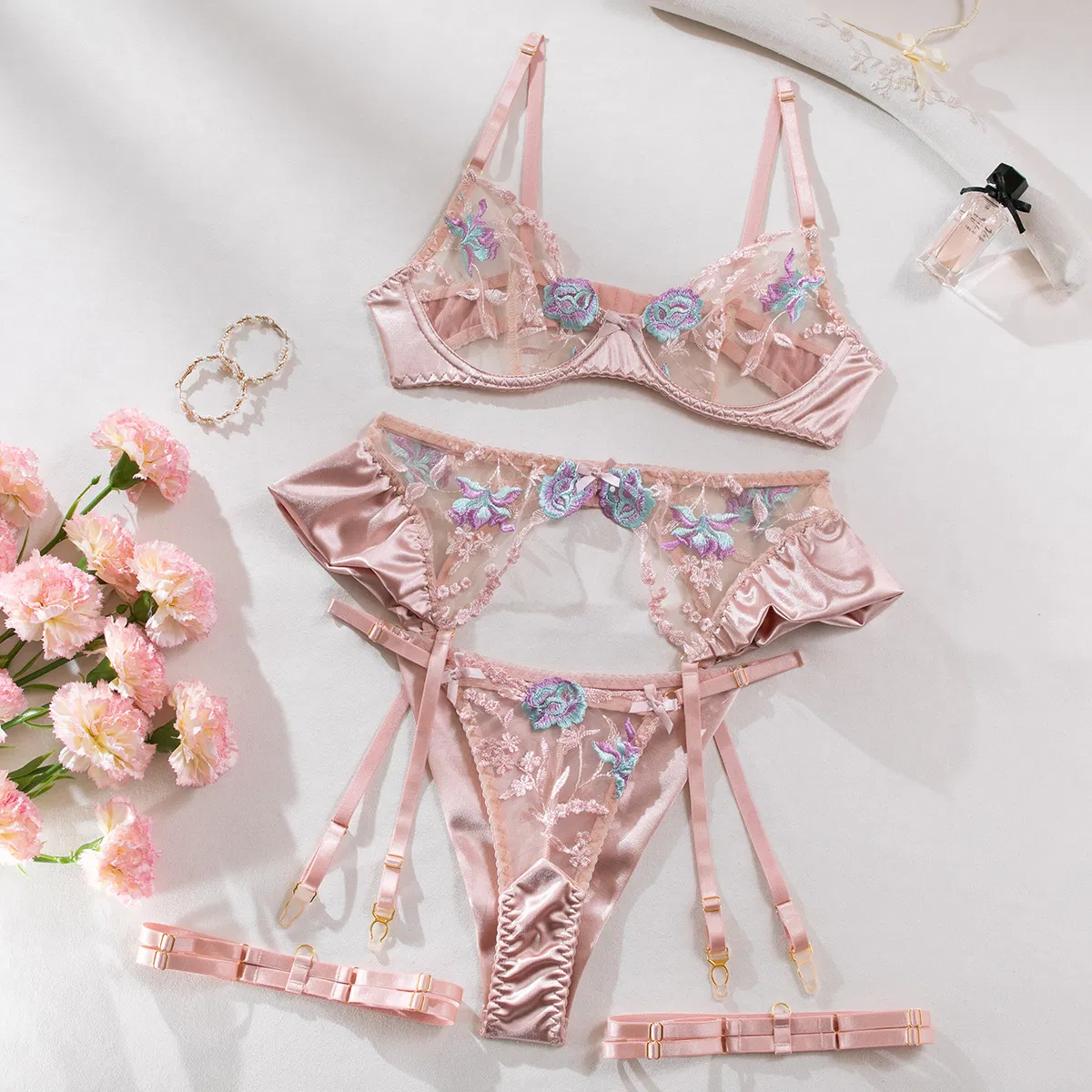 Wholesale Flower Embroidery Underwear Set for Woman Sexy Perspective Satin Lingerie