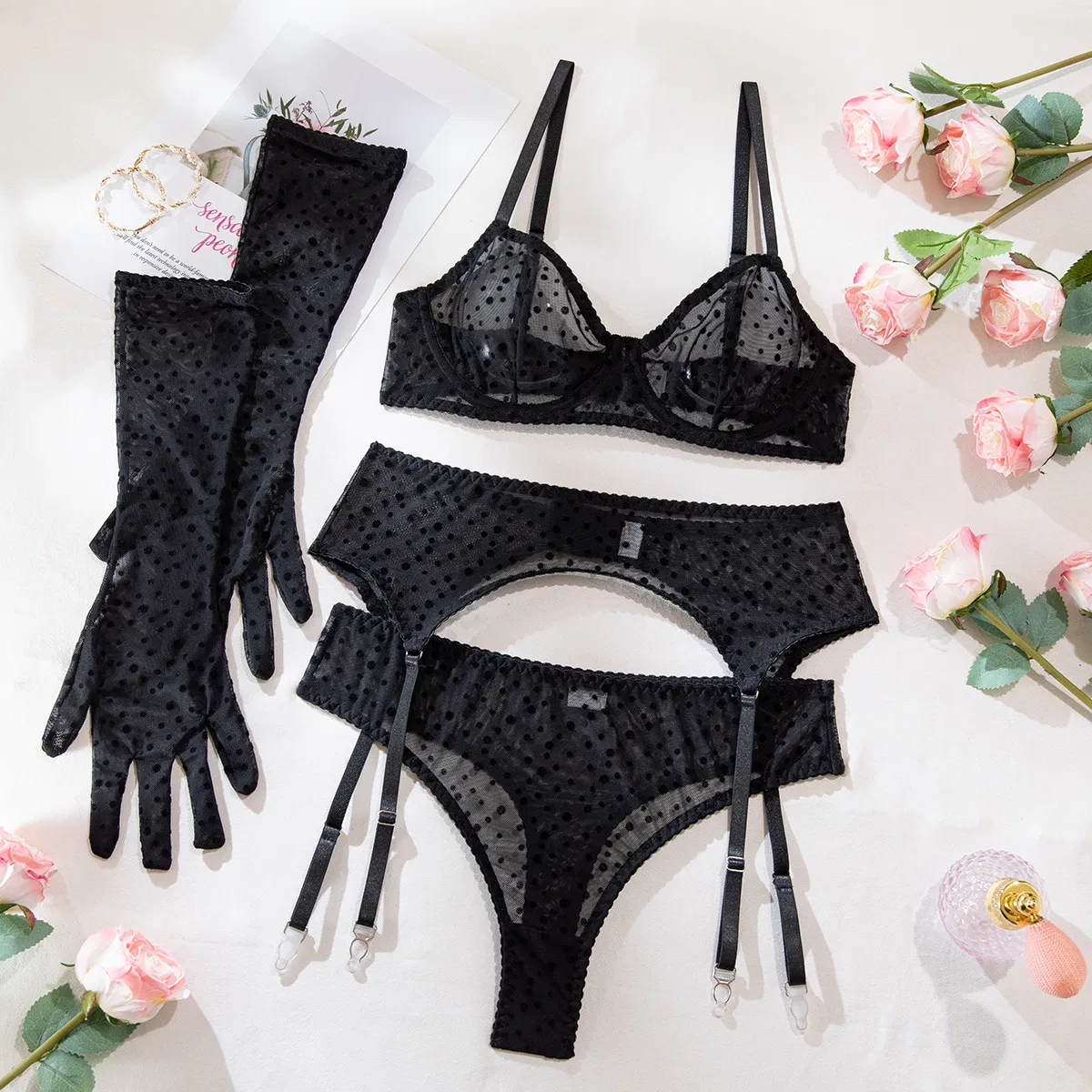 Wholesale Erotic Polka DOT See-Through Mesh Underwear Set Sexy Breathable Thin Lingerie