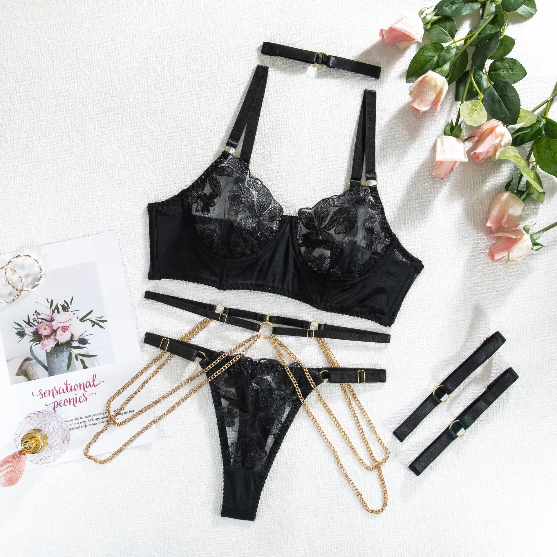 Wholesale Transparent Mesh Underwear Set Sexy Erotic Metal Chain Embroidery Lingerie