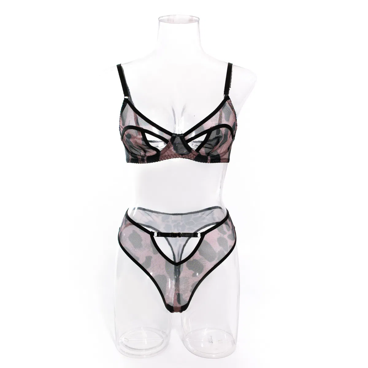 Wholesale Leopard Print Transparent Mesh Bra Set Sexy Thin Breathable Hollow out Woman Lingerie