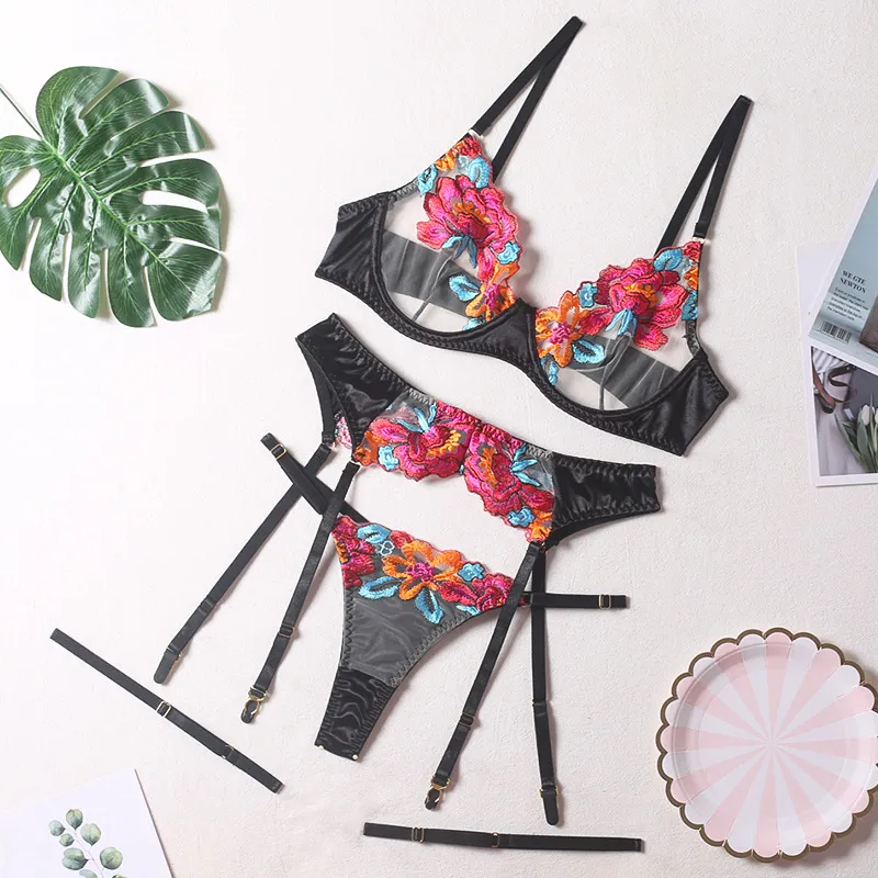 Woman Sexy High Quality Floral Embroidered Underwear Set Hot Transparent Lingerie