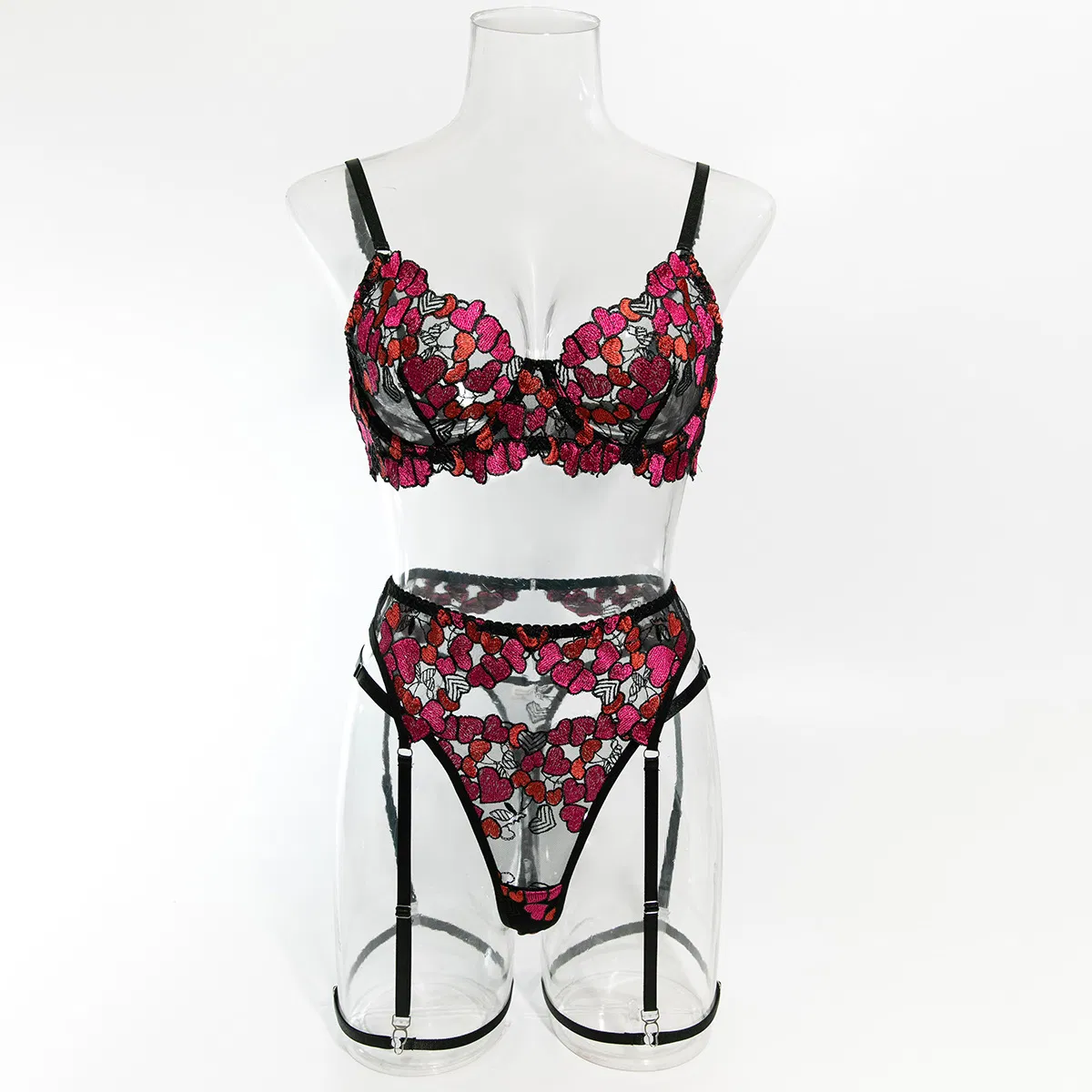 Sexy High Quality Heart-Shaped Embroidery Lace Bra Thong Set Hot Sell Garter Belt Woman Lingerie
