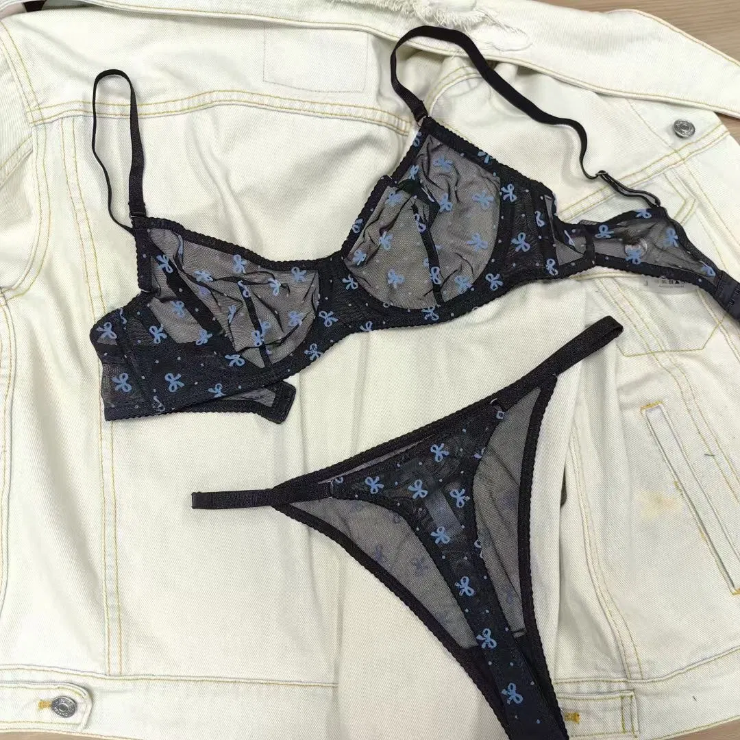 Classic Bow Pattern Printed Underwear Mesh Perspective Temptation Sexy Women Lingerie