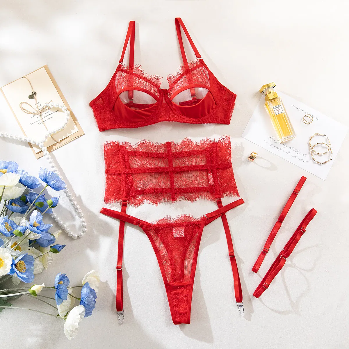 Sexy Eyelash Lace Embroidery See-Through Bra Set High Quality Transparent Mature Women Lingerie