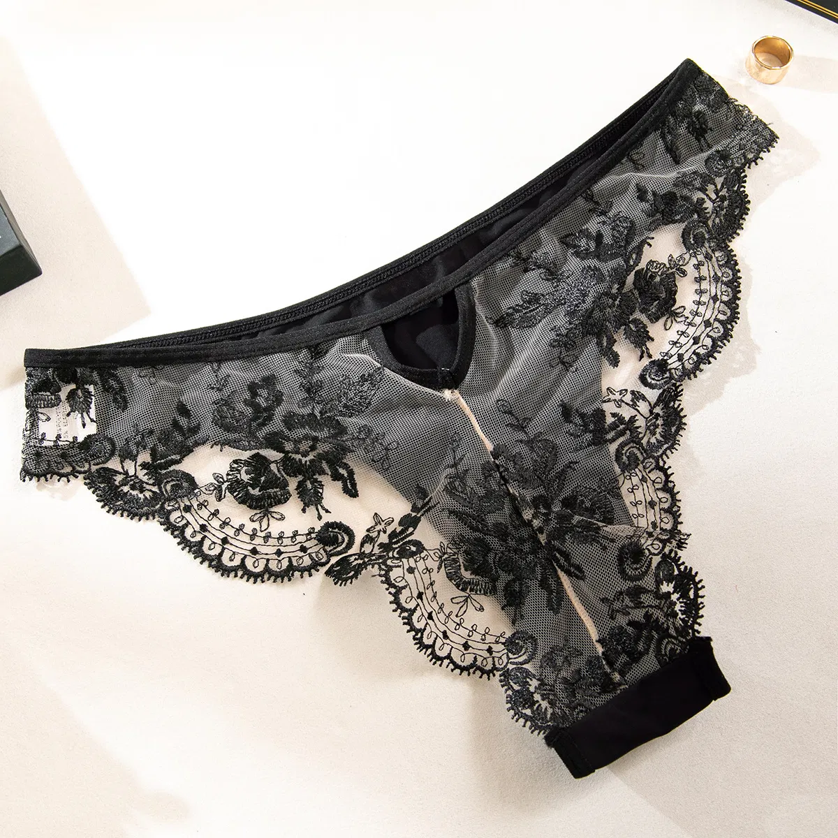 New Style Perspective Mesh Bra and Panty Set Sexy Erotic Flower Embroidery 2PCS Lingerie