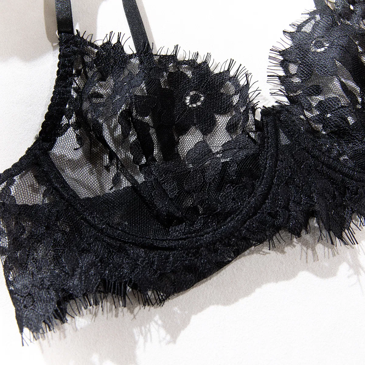 High Quality Transparent Embroidery Underwear Set Sexy Eyelash Lace Solid Color Lingerie