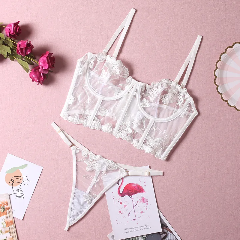 Sexy Embroidered Lace Fishbone Underwear Set Wholesale Transparent Mesh Woman's Lingerie